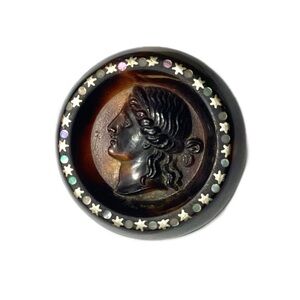 Vintage Pressed Horn Cameo Woman Relief Button Inlaid MOP Celestial Stars